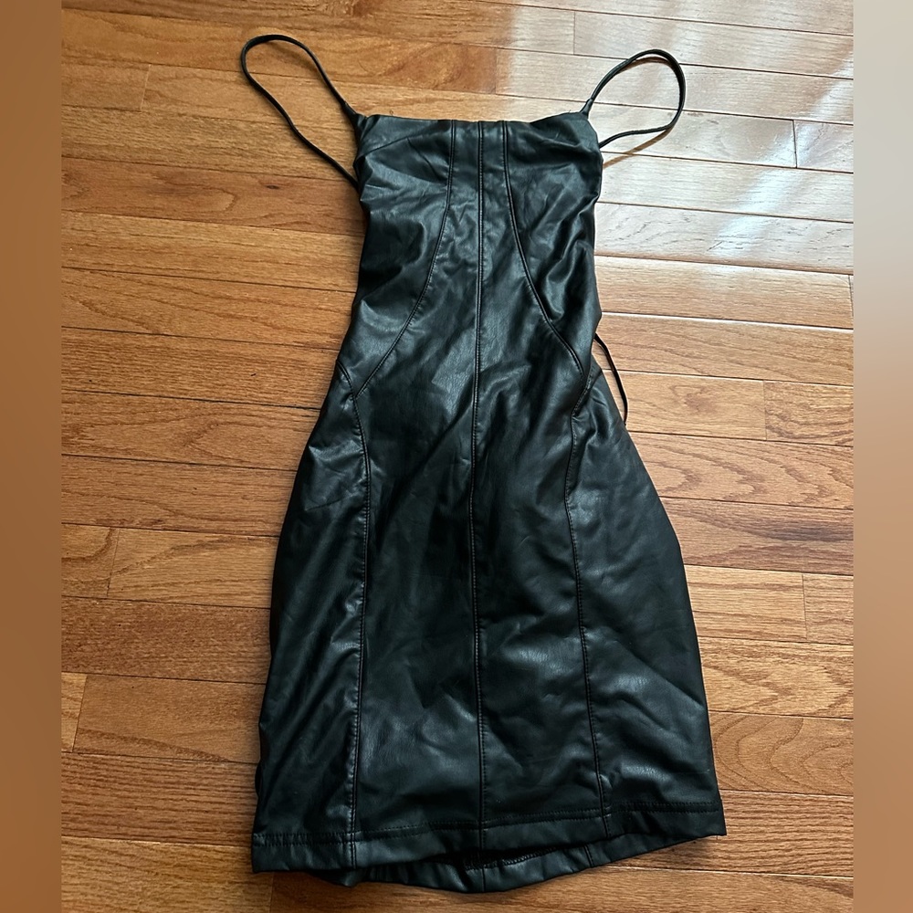 NWT BLACK TIGHT LEATHER DRESS WITH LACE UP BACK